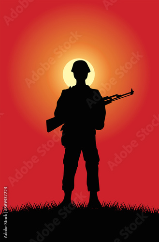 soldier with rifle figure silhouette at sunset scene