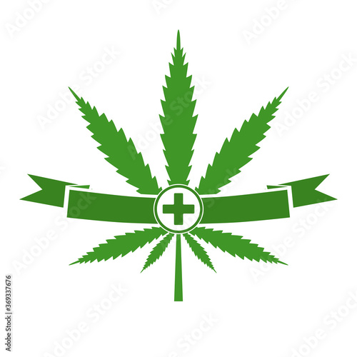 hemp leaf with green cross and banner, symbol of medical marijuana.