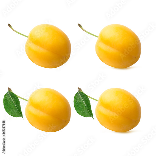 Yellow plums isolated on white background set