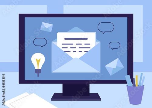 Message by mail in an envelope on computer. Office worker workplace with text message, letter, news, sms, spam. Incoming and outgoing letter. Social media, business concept. Vector