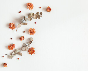 Autumn composition. Frame made of dried flowers, eucalyptus leaves, berries on gray background. Autumn, fall, thanksgiving day concept. Flat lay, top view