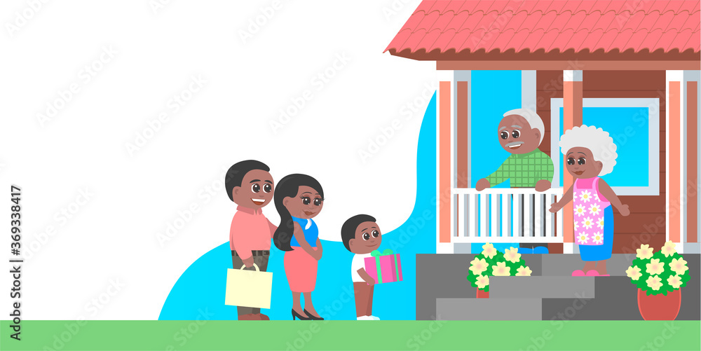 Father, mother and son visit grandparents. The boy brought a gift. African American family. Scene at the porch of the house. Vector cartoon illustration with place for text.