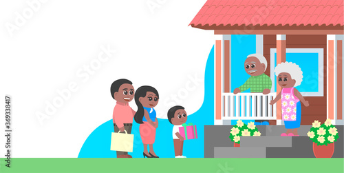 Father, mother and son visit grandparents. The boy brought a gift. African American family. Scene at the porch of the house. Vector cartoon illustration with place for text.