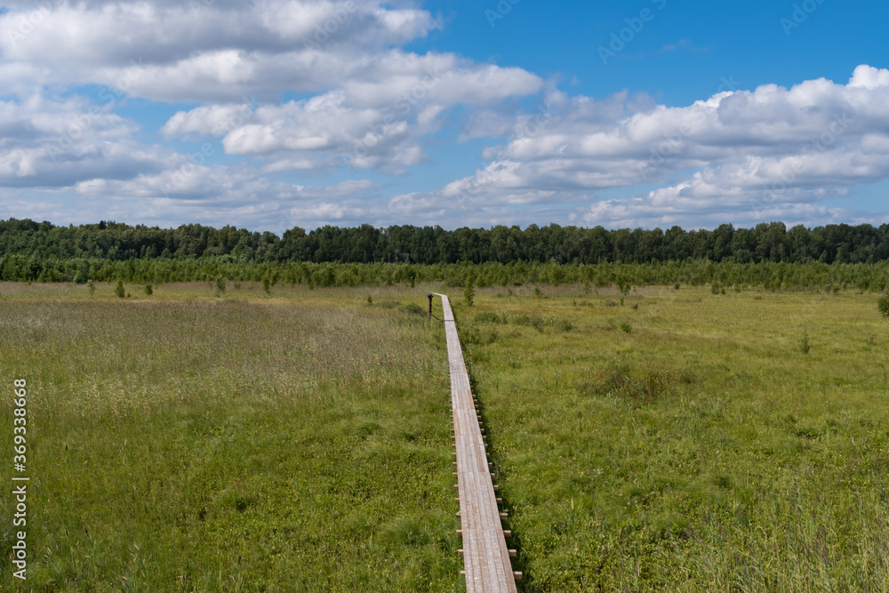 Footbridge across the swamp at Bolshom rakovom (Big Crayfish) Lake. Eco route in the 