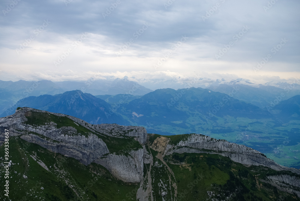 Panoramic view to mountain ranges from Pilatus mount, Swiss Alps, Central Switzerland