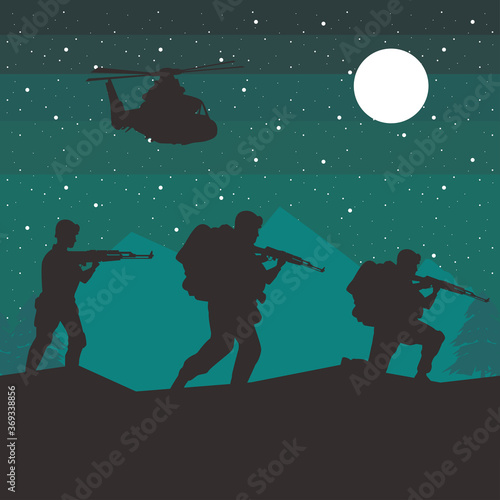 soldiers and helicopter figures silhouettes at night scene