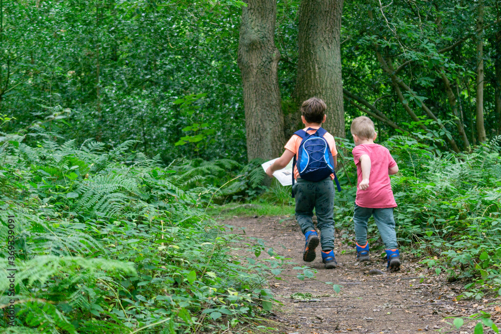 two young boys playing in the forest two young boys playing in the forest