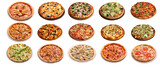 Set of 15 pizza isolated on white background. Image of fast food for menu card, web design, site, shop, advertising or delivery. panoramic format