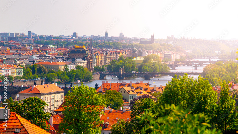 Bridges of Prague over Vltava River on sunny summer day. Prague, Czech Republic