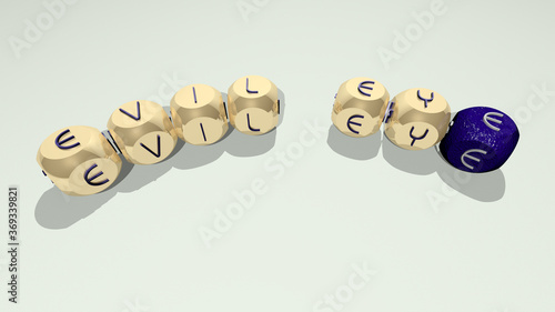 Foto evil eye combined by dice letters and color crossing for the related meanings of the concept