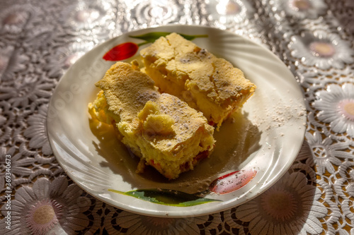 Morning breakfast, homemade cakes. Yellow sponge cake.