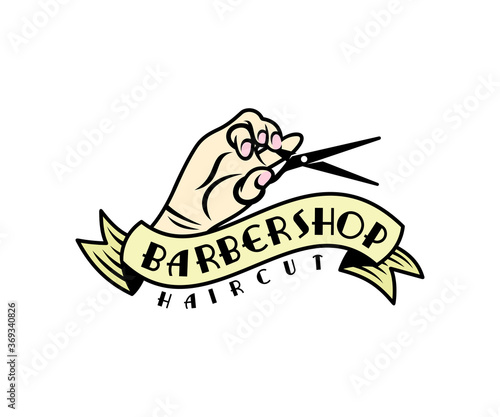 Barber shop or hairdresser shop, hand holds scissors, logo design. Hair salon, hairdresser, hair style and fashion, vector design and illustration