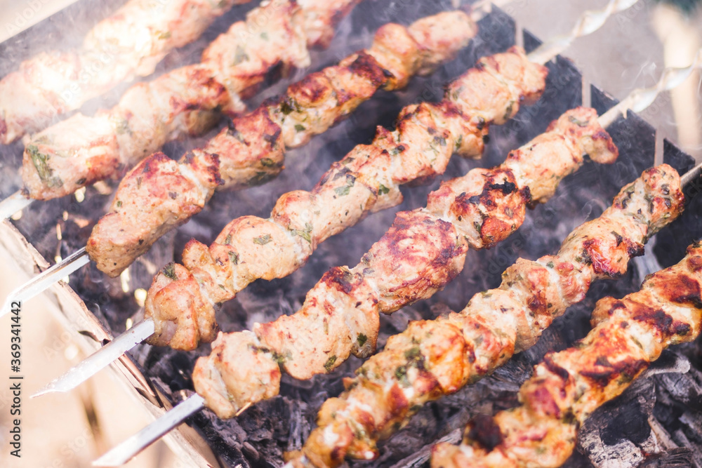 Preparation of shish kebab on barbeque over charcoal. Closeup of grilled meat cooking on metal skewer, smoke. Summer picnic/BBQ. Tasty street food. Traditional eastern dish. Natural bluerred backdrop. Preparation of shish kebab on barbeque over charcoal. Closeup of grilled meat cooking on metal skewer, smoke. Summer picnic/BBQ. Tasty street food. Traditional eastern dish. Natural bluerred backdrop.