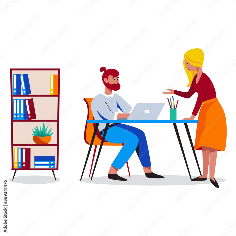 Man and woman working in friendly open space workplace. Coworking, freelance, teamwork, communication, interaction, idea, independent activity concept. Vector illustration on white background Man and woman working in friendly open space workplace. Coworking, freelance, teamwork, communication, interaction, idea, independent activity concept. Vector illustration on white background