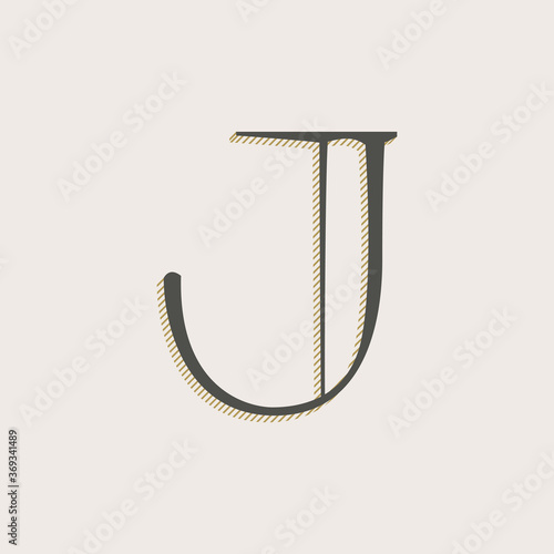 Elegant J letter serif font logo. Classic thin pen lettering with shadow lines.