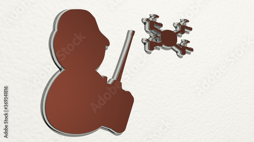 MAN WITH DRONE on the wall. 3D illustration of metallic sculpture over a white background with mild texture. aerial and view