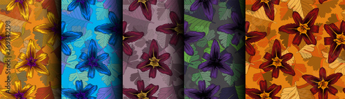 Set of seamless patterns with flowers, vector ornament, print for textiles and wallpaper. Floral background.