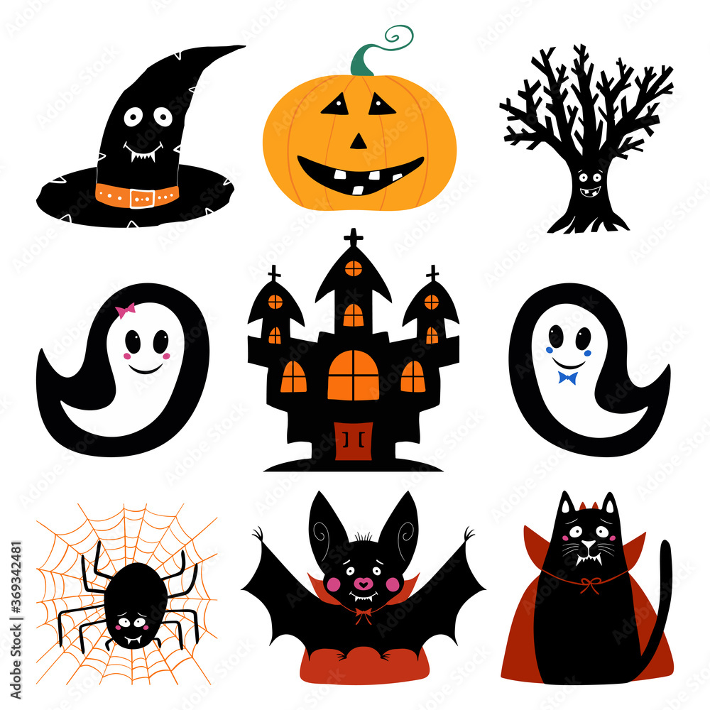 Jack o lantern, witch hat, dry tree, ghost, castle, bat, cat, spider. Halloween characters set. Isolated on white background. Vector stock illustration. Jack o lantern, witch hat, dry tree, ghost, castle, bat, cat, spider. Halloween characters set. Isolated on white background. Vector stock illustration.