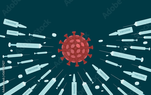 Destruction of coronavirus cell with an injection of a syringe containing the anti coronavirus vaccine. Concept of the invention of a vaccine against coronaviruses and victory over coronavirus.