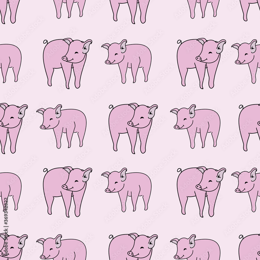 Obraz premium Pigs Seamless pattern with pigs looking around repeated on pink background. Vector illustration. surface design