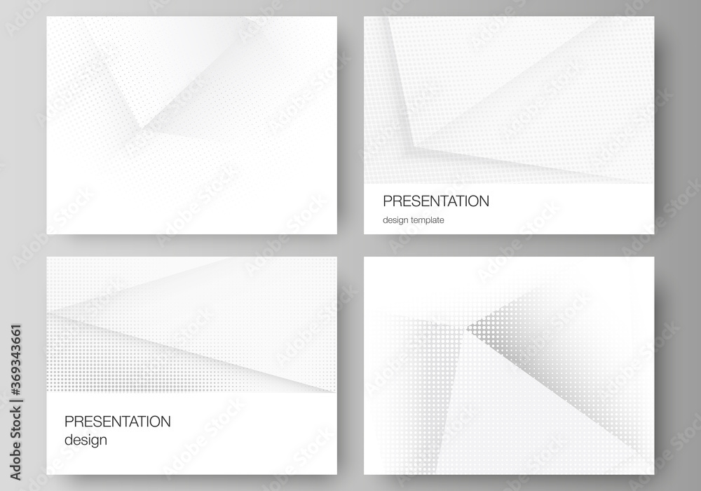 Fototapeta premium Vector layout of the presentation slides design templates, multipurpose template for presentation brochure, brochure cover. Halftone dotted background with gray dots, abstract gradient background