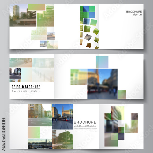 Vector layout of square format covers design templates for trifold brochure, flyer, cover design, book design, brochure cover. Abstract project with clipping mask green squares for your photo.
