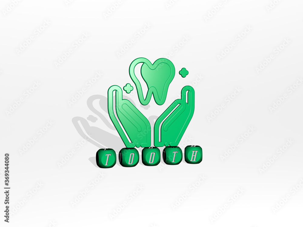 3D illustration of tooth graphics and text made by metallic dice letters for the related meanings of the concept and presentations. dental and care 3D illustration of tooth graphics and text made by metallic dice letters for the related meanings of the concept and presentations. dental and care