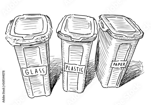 Sketch of trash cans with sorting on paper, plastic and glass