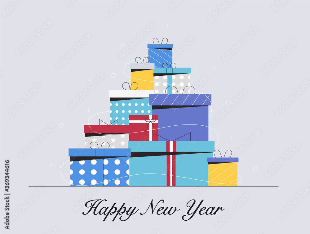Concept of Christmas and happy new year. Set of Christmas gift boxes with different colors. Flat style vector illustration. Concept of Christmas and happy new year. Set of Christmas gift boxes with different colors. Flat style vector illustration.