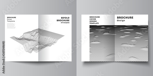 Vector layout of two A4 cover mockups templates for bifold brochure, flyer, cover design, book design, brochure cover. Abstract 3d digital backgrounds for futuristic minimal technology concept design.