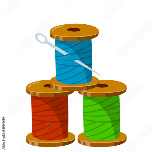 Stack of Coil and skein of red, blue and green threads. Clothing manufacturing and needlework. Flat cartoon. Embroidery and needle. Crafts and Hobbies