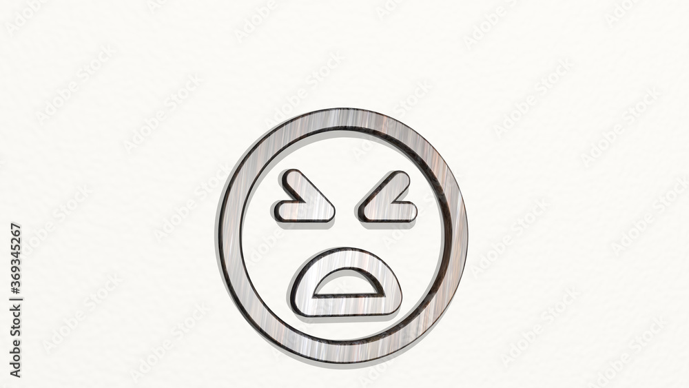 smiley bad from a perspective on the wall. A thick sculpture made of metallic materials of 3D rendering. illustration and face smiley bad from a perspective on the wall. A thick sculpture made of metallic materials of 3D rendering. illustration and face