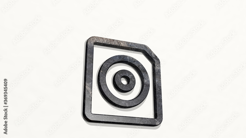 audio file disk on the wall. 3D illustration of metallic sculpture over a white background with mild texture. music and design