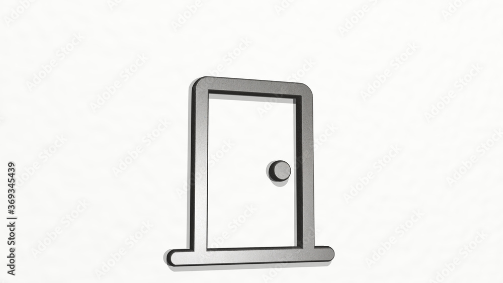 ARCHITECTURE DOOR on the wall. 3D illustration of metallic sculpture over a white background with mild texture. building and city ARCHITECTURE DOOR on the wall. 3D illustration of metallic sculpture over a white background with mild texture. building and city