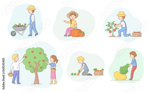 Concept Of Harvesting And Eco Farm. Set Of People In Process Of Harvesting. Male And Female Characters Work On Farm Cropping Fruits And Vegetables. Cartoon Linear Outline Flat Vector Illustration