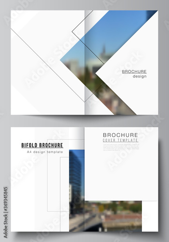 Vector layout of two A4 format cover mockups design templates with geometric simple shapes, lines and photo place for bifold brochure, flyer, magazine, cover design, book, brochure cover.