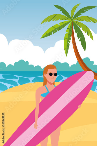 young woman wearing swimsuit with surfboard character