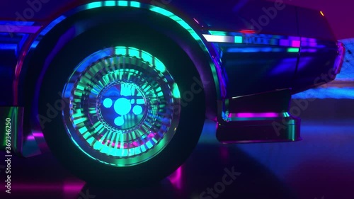 80s retrowave background 3d animation. Futuristic neon car wheel close up. photo