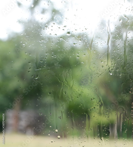 View through the window to garden of house, raining. Rainfall outside the window or outside the glass, Rain drops on window or on glass.