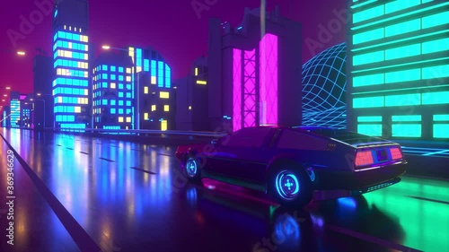 80s retro background 3d loop animation. Futuristic car drive through neon city.