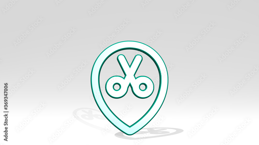 STYLE THREE PIN SCISSORS stand with shadow. 3D illustration of metallic sculpture over a white background with mild texture. design and icon STYLE THREE PIN SCISSORS stand with shadow. 3D illustration of metallic sculpture over a white background with mild texture. design and icon