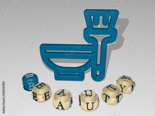 3D illustration of BEAUTY graphics and text around the icon made by metallic dice letters for the related meanings of the concept and presentations. beautiful and background
