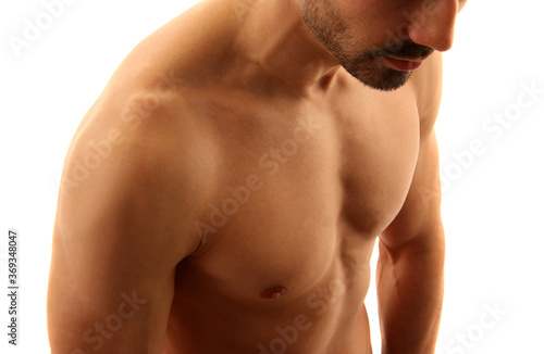 Shirtless young man isolated on white background.