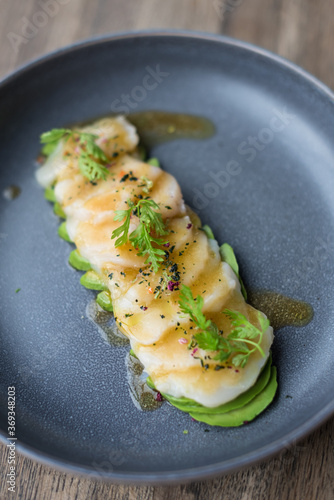 Raw Scallop and Avocado Appetizer, Crudo or Sashimi