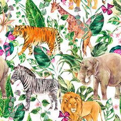 Sierkussen Tropische print patronen Aquarel jungle safari dieren zomer  © depiano