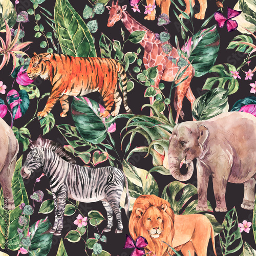 Canvas Print Watercolor jungle seamless pattern, safari animals floral summer texture