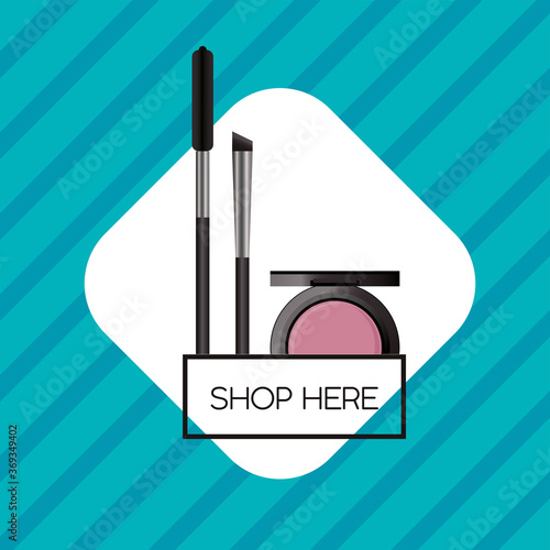 set of cosmetics makeup with shop here button