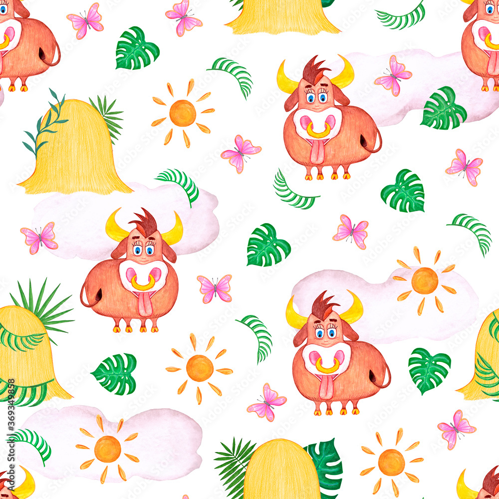 Naklejka premium bull, haystack, leaves, sun, butterfly watercolor pattern. Illustration for printing, backgrounds, wallpapers, covers, packaging, greeting cards, posters, stickers, textile and seasonal design.