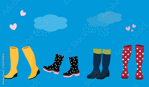 Collection of rubber boots different colors and patterns.Autumn or spring rain.Fashion waterproof shoe for any weather. Vector illustration for seasonal sale,celebration, greeting card,boutique,