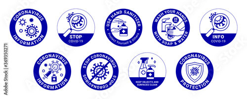 COVID-19 labels. Modern signs about protection, social distancing, wearing face covering, washing hands, using sanitizer, keeping surfaces clean, working from home and stop coronavirus
